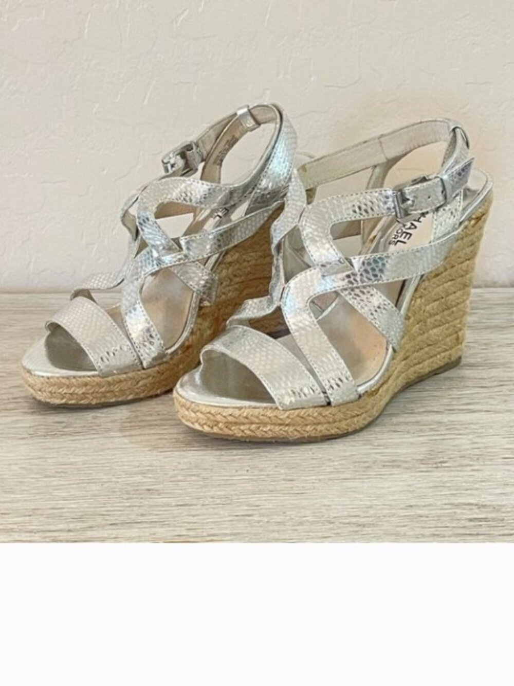Michael Kors Silver Platform Wedge Sandals 5.5 Espadrilles Jute Heels Palm Beach